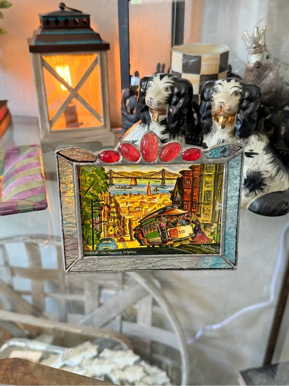 Vintage Stained Glass Picture Frame – Red Accents, Silver Metal Border - Picture 8 of 12